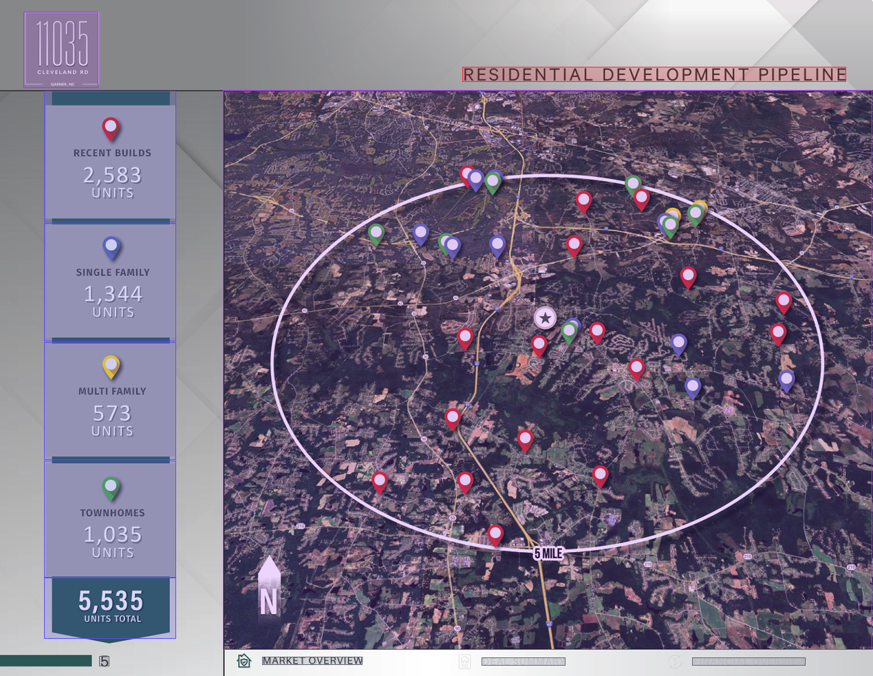 A satellite map of a residential development pipeline, with its legend and unit totals to the left.